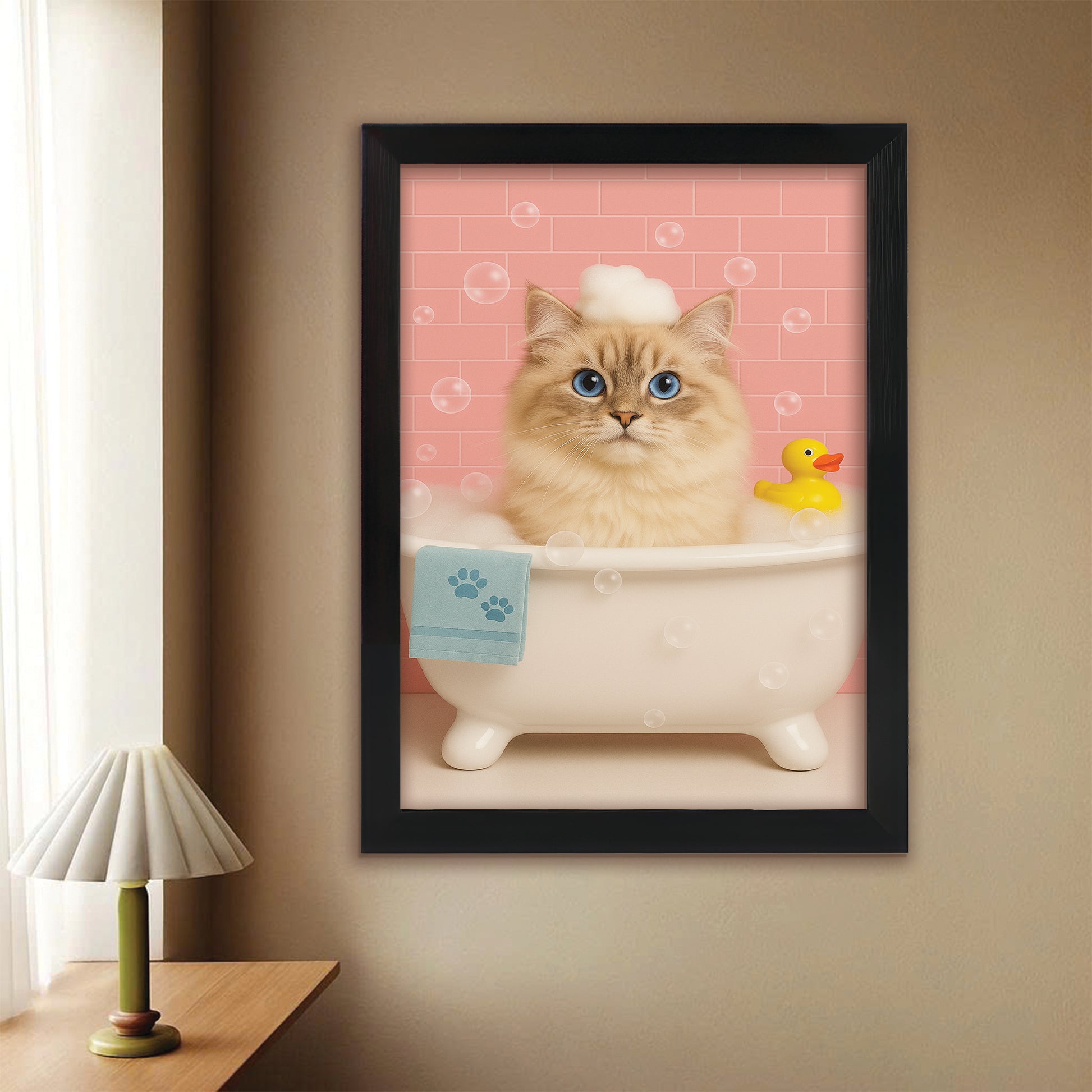 Custom Photo Cat In Bath Canvas Framed Wall Art Gift For Cat Lovers