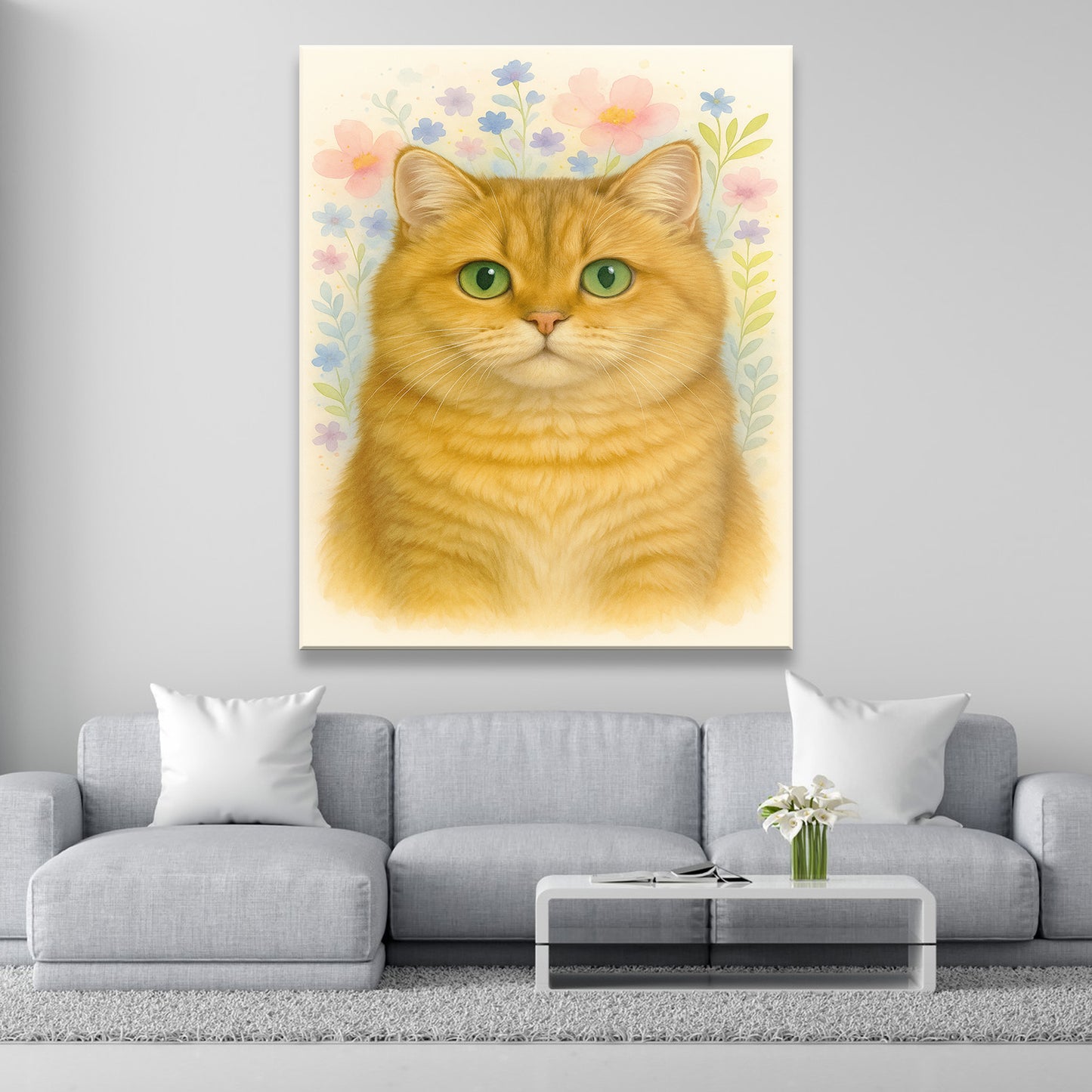 Custom Photo Cat Floral Watercolor Art Canvas