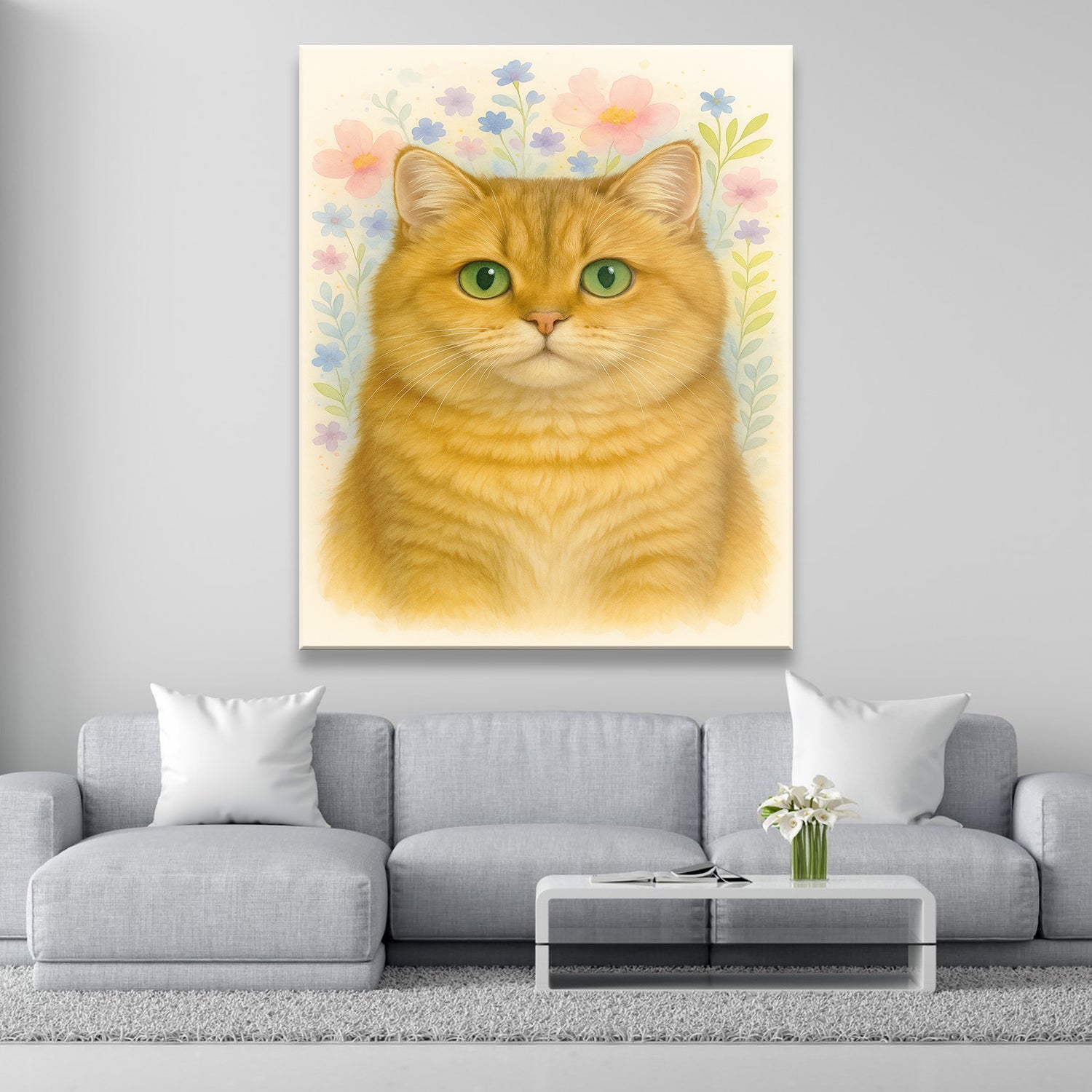 Custom Photo Cat Floral Watercolor Art Canvas
