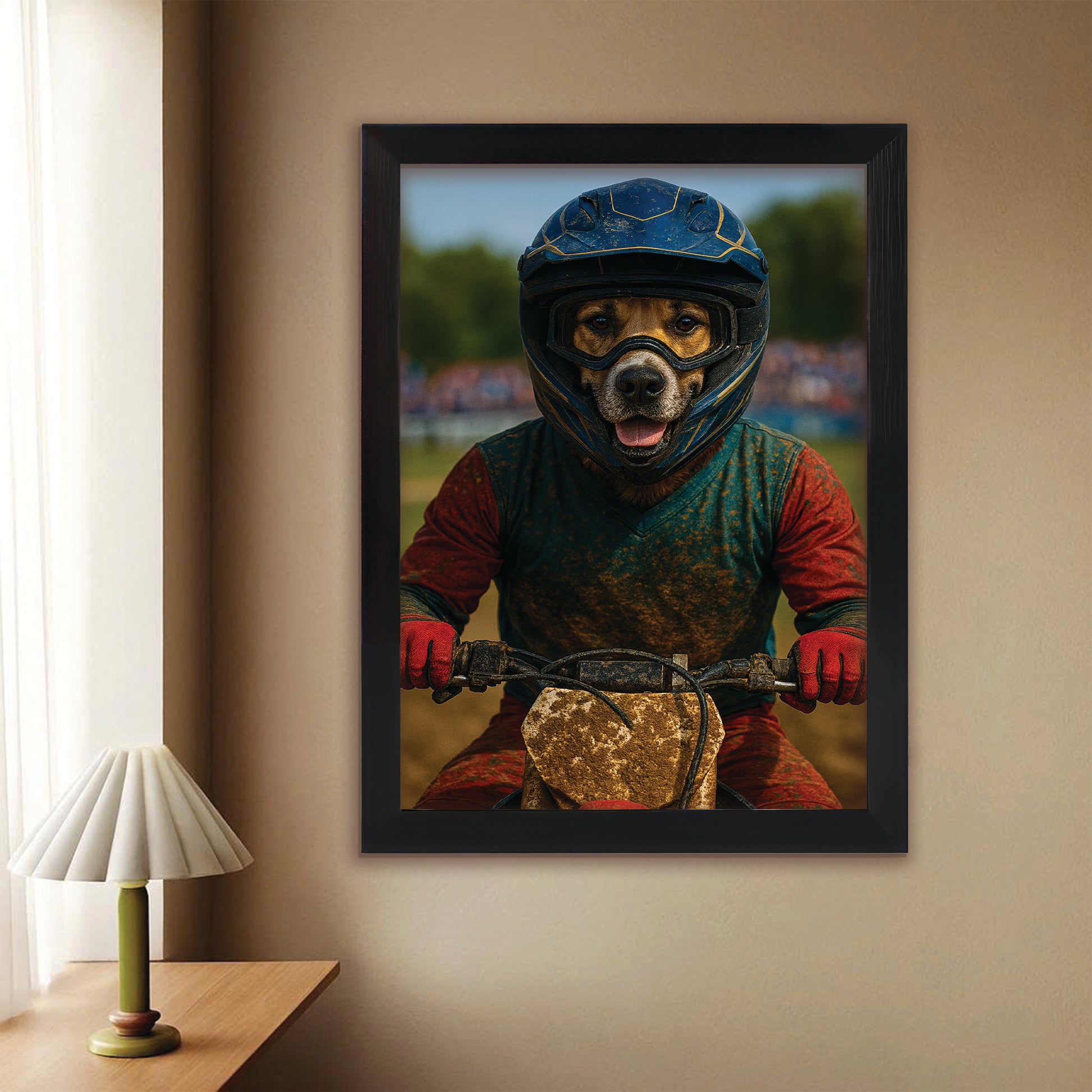 Custom Photo Dirt Bike Dog Canvas Framed Wall Art Gift For Dog Lovers