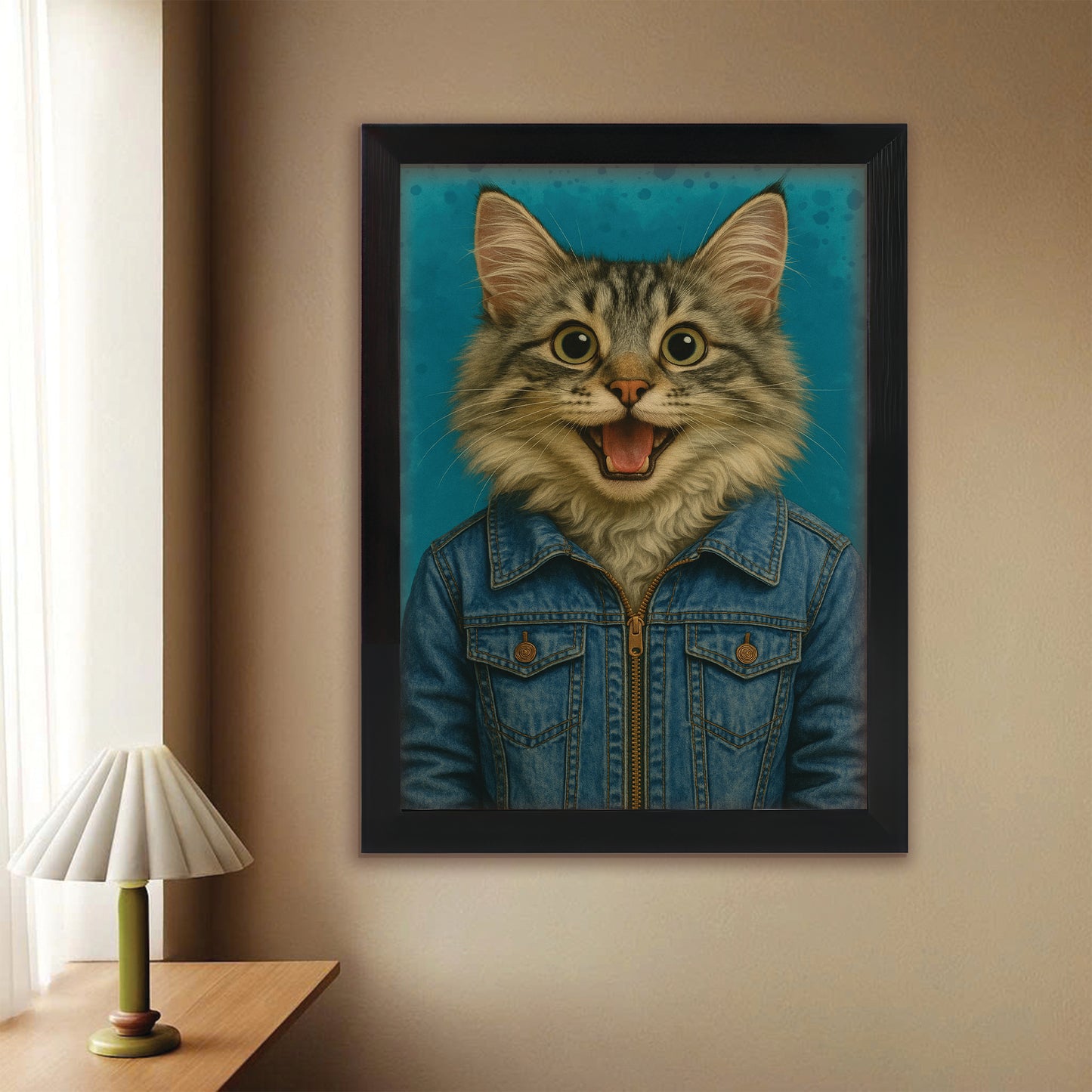 Custom Photo Denim Cat Canvas Framed Wall Art Gift For Cat Lovers