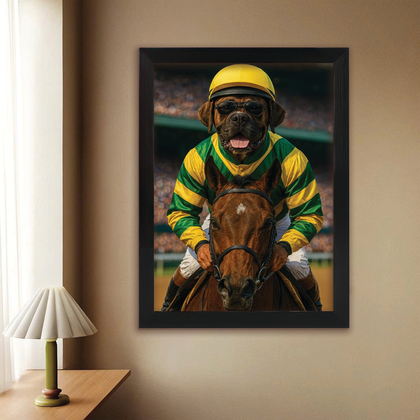 Custom Photo Jockey Horse Racing Dog Canvas Framed Wall Art Gift For Dog Lovers