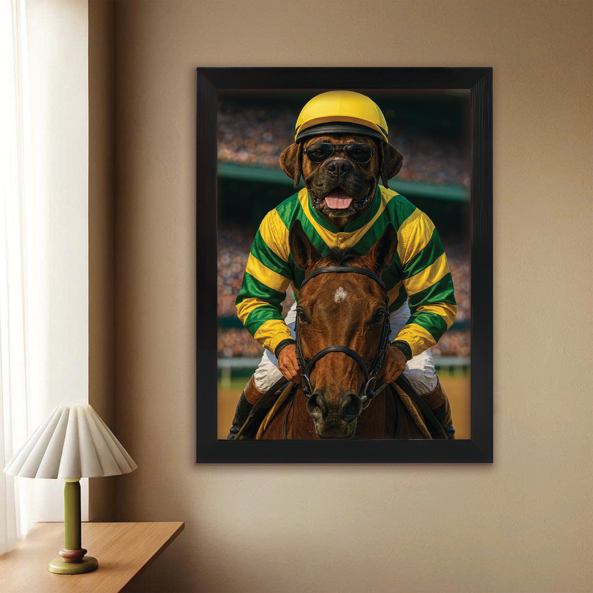 Custom Photo Jockey Horse Racing Dog Canvas Framed Wall Art Gift For Dog Lovers