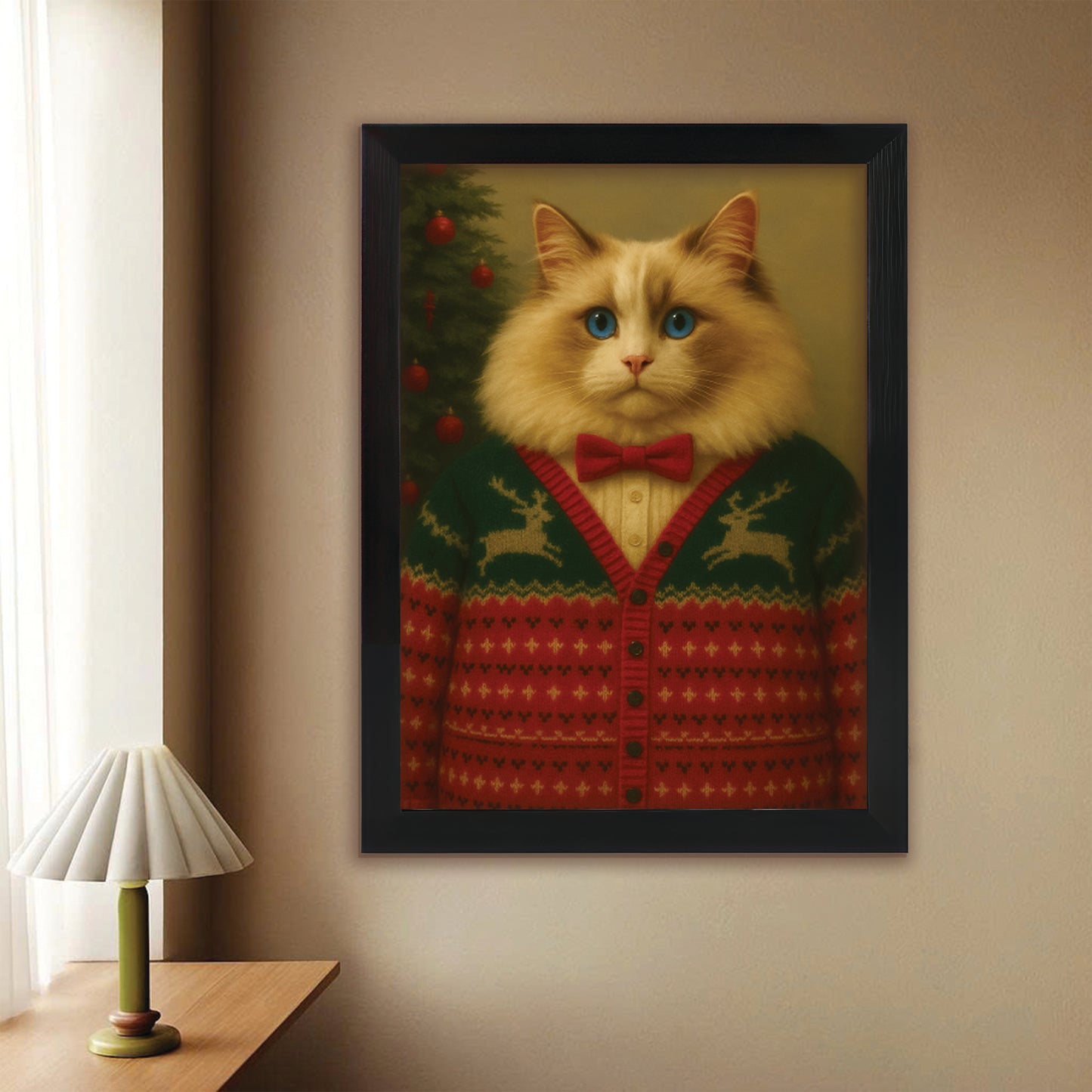 Custom Photo Christmas Cat Canvas Framed Wall Art Gift For Cat Lovers
