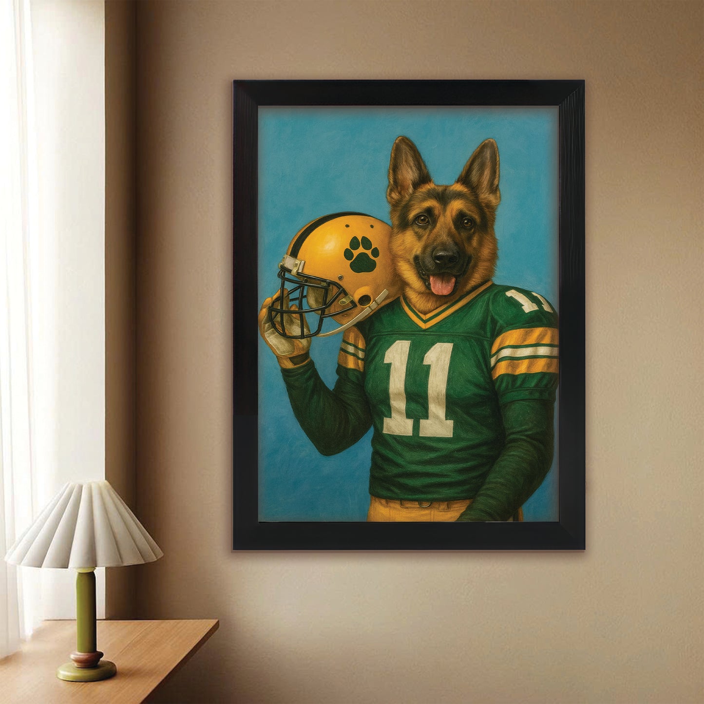 Custom Dog Photo Football Player Canvas Framed Wall Art