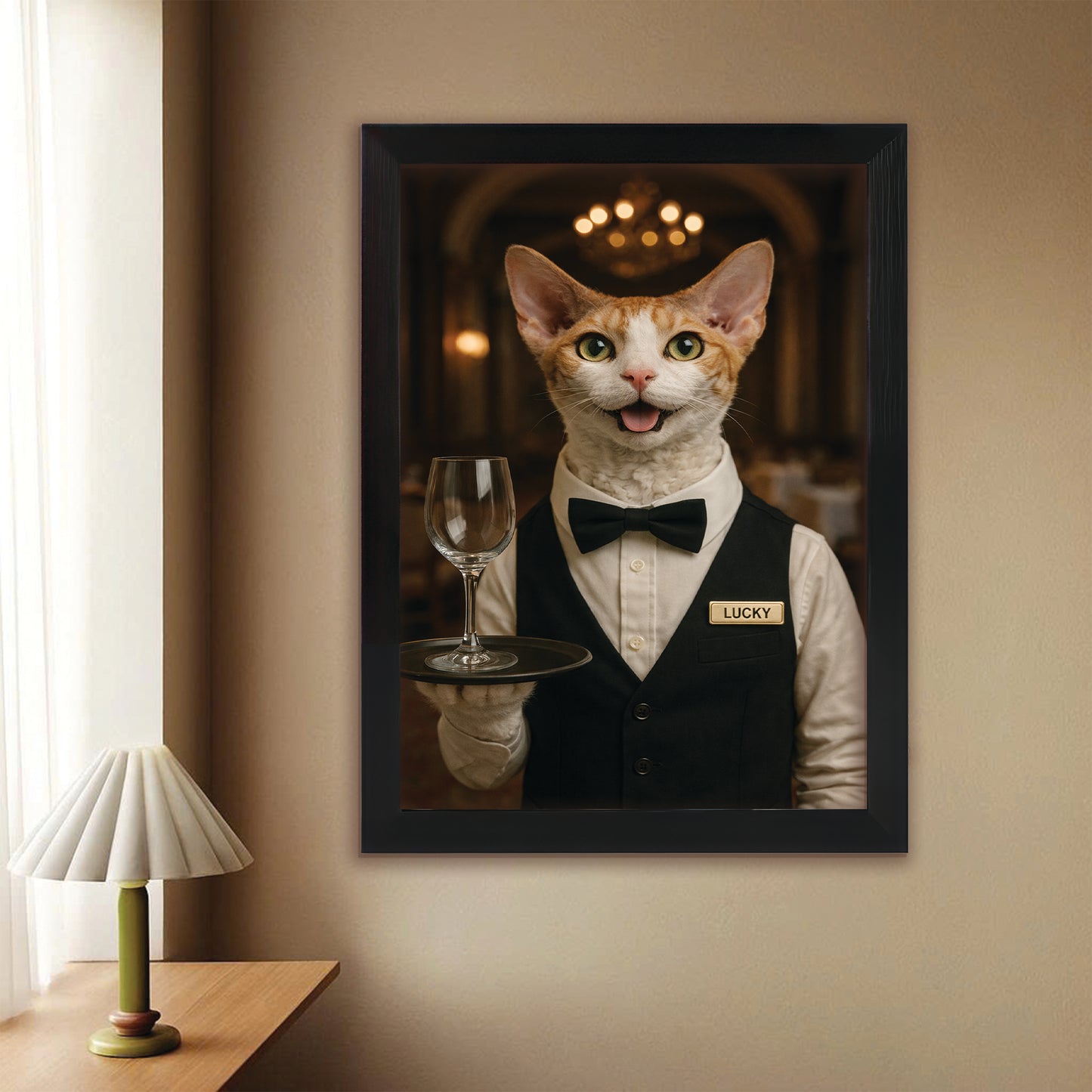 Custom Photo Cat Waiter Restaurant Canvas Framed Wall Art  Gift For Cat Lovers