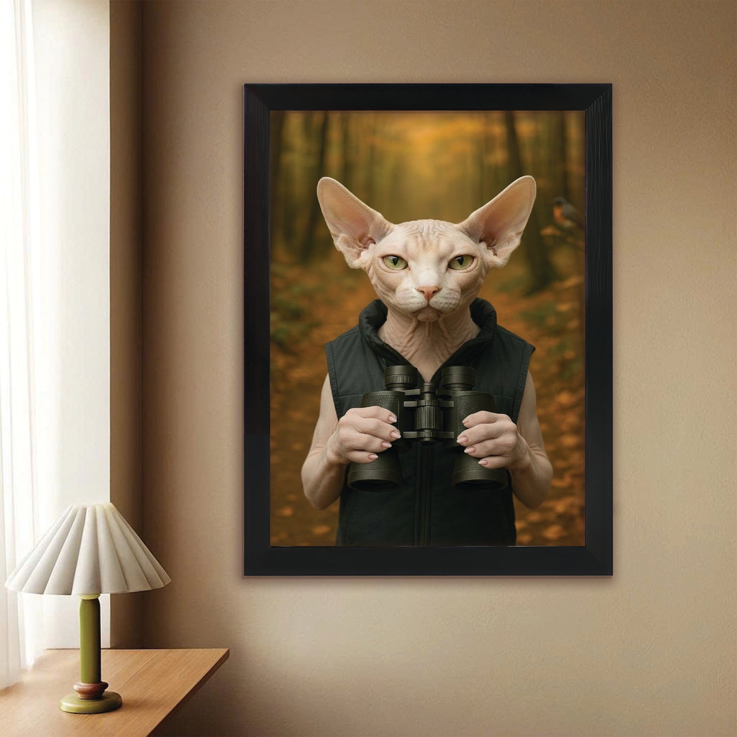 Custom Photo Bird Watching Cat Canvas Framed Wall Art Gift For Cat Lovers