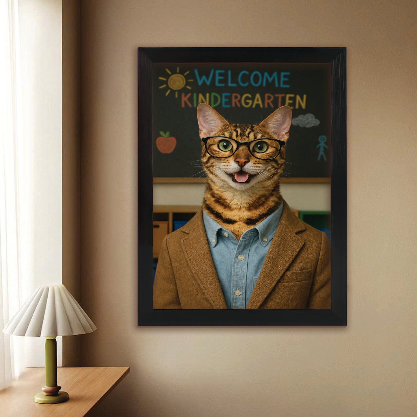 Custom Photo Kindergarten Teacher Canvas Framed Wall Art  Gift For Cat Lovers