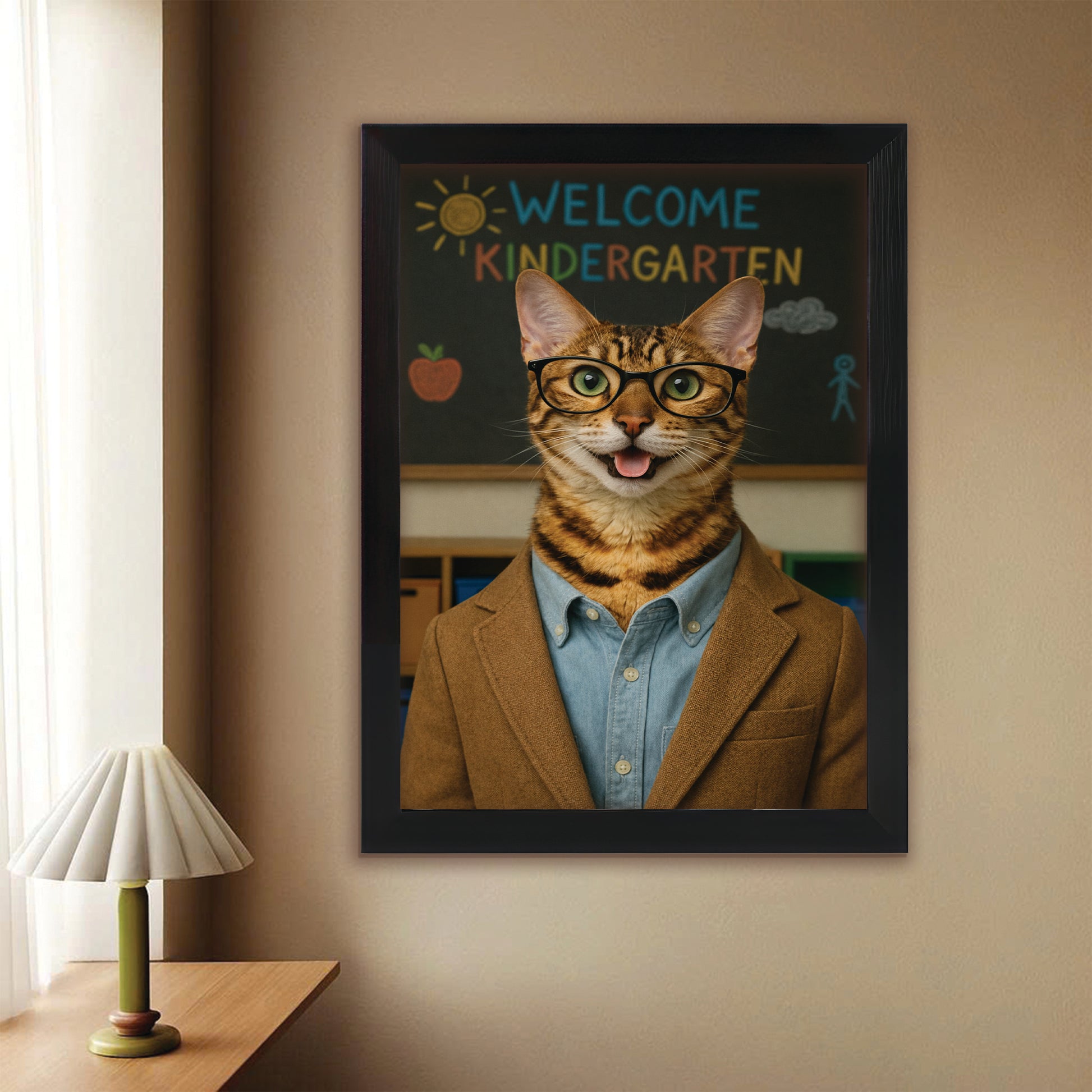 Custom Photo Kindergarten Teacher Canvas Framed Wall Art  Gift For Cat Lovers