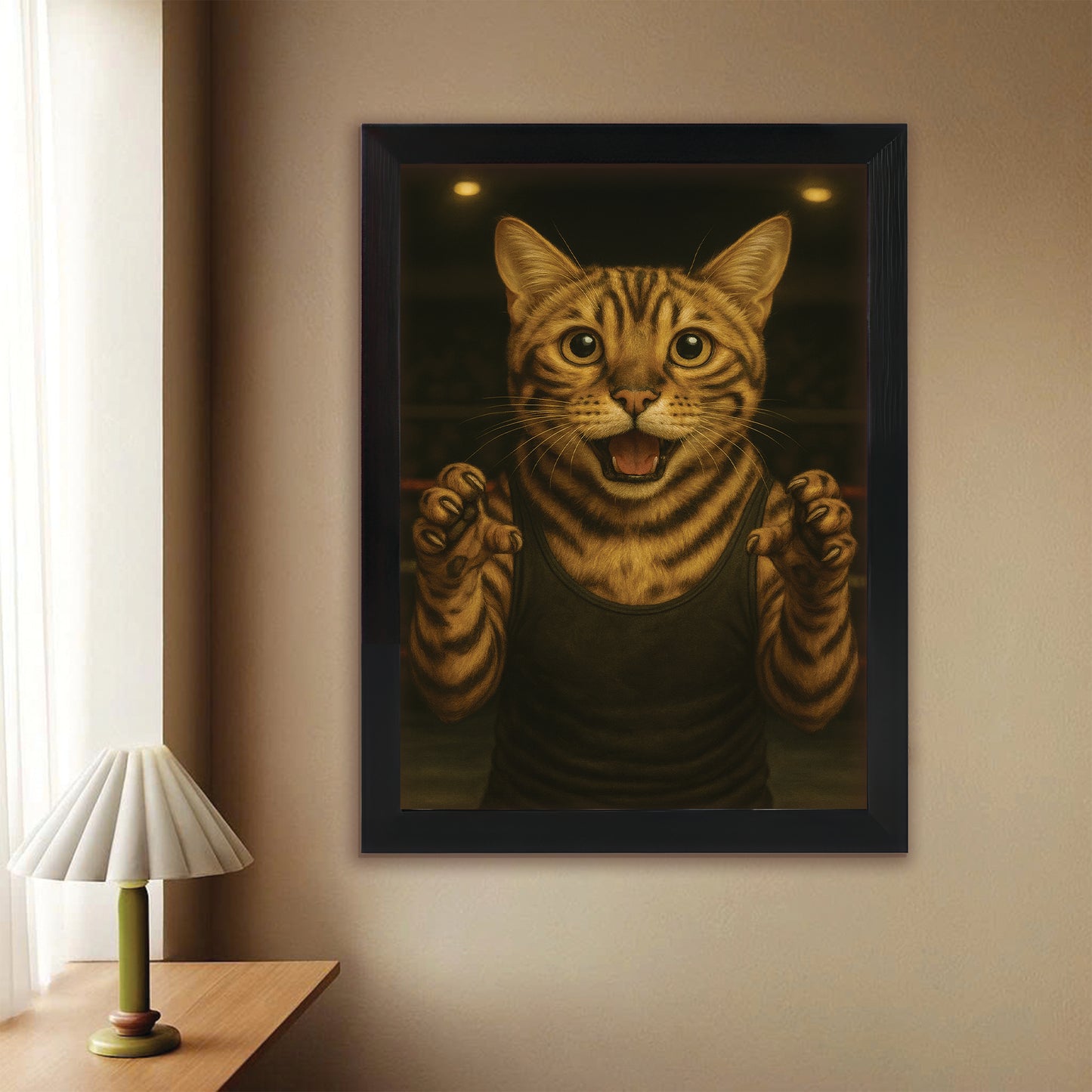 Custom Photo Wrestler Fighter Cat Canvas Framed Wall Art Gift For Cat Lovers