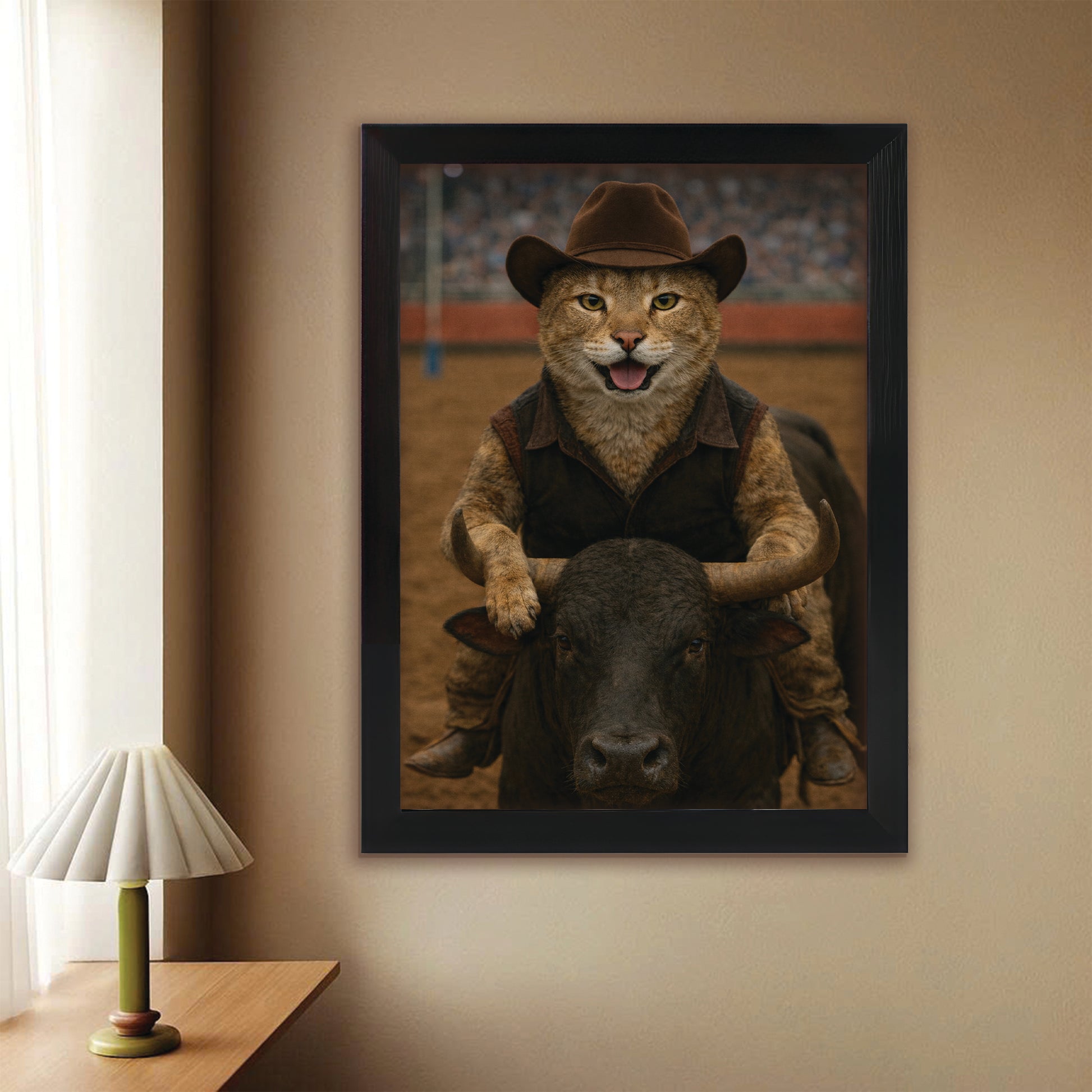 Custom Photo Bull Rider Cowboy Cat Canvas Framed Wall Art Gift For Cat Lovers
