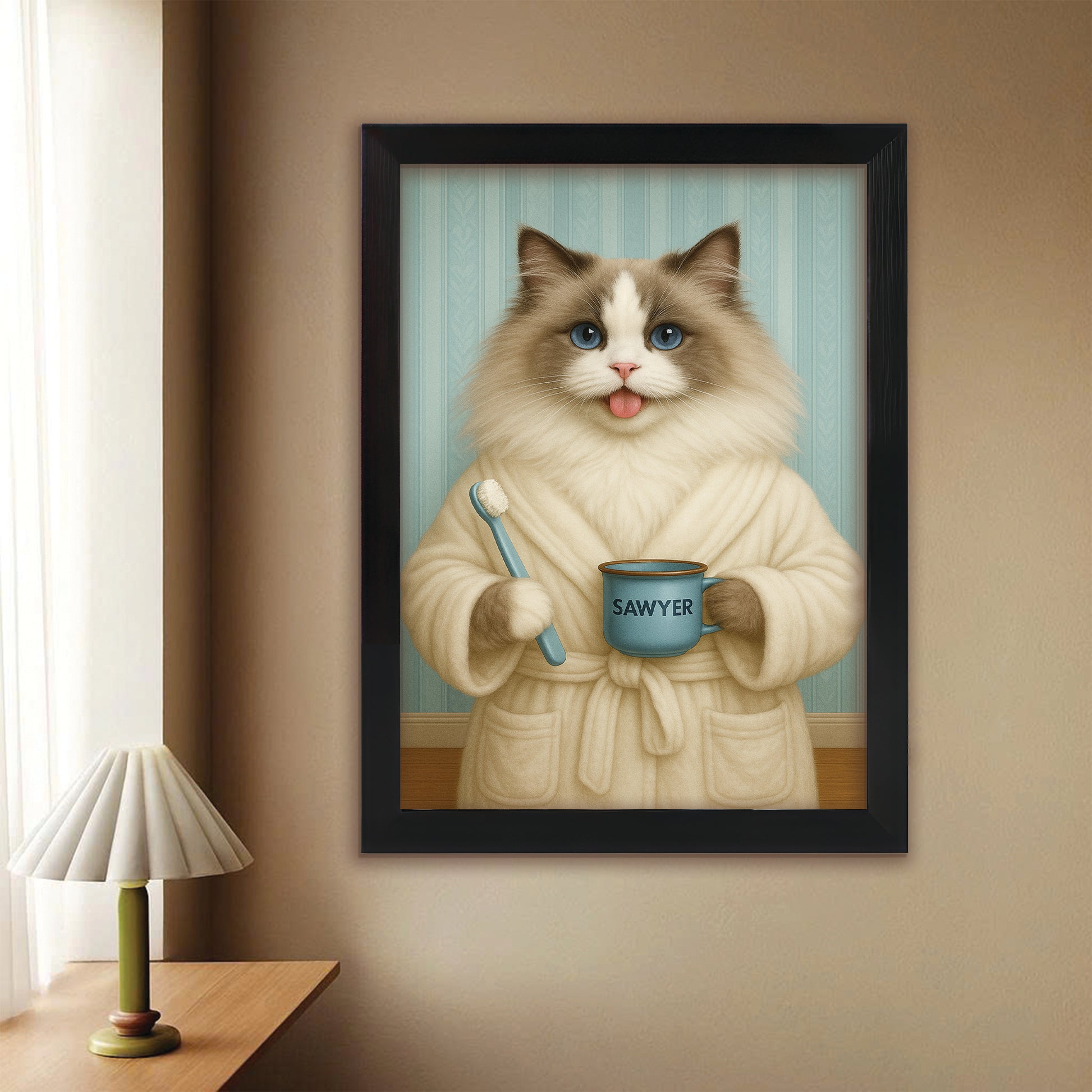 Custom Photo Cat Bathroom Canvas Framed Wall Art Cat Gifts Lovers