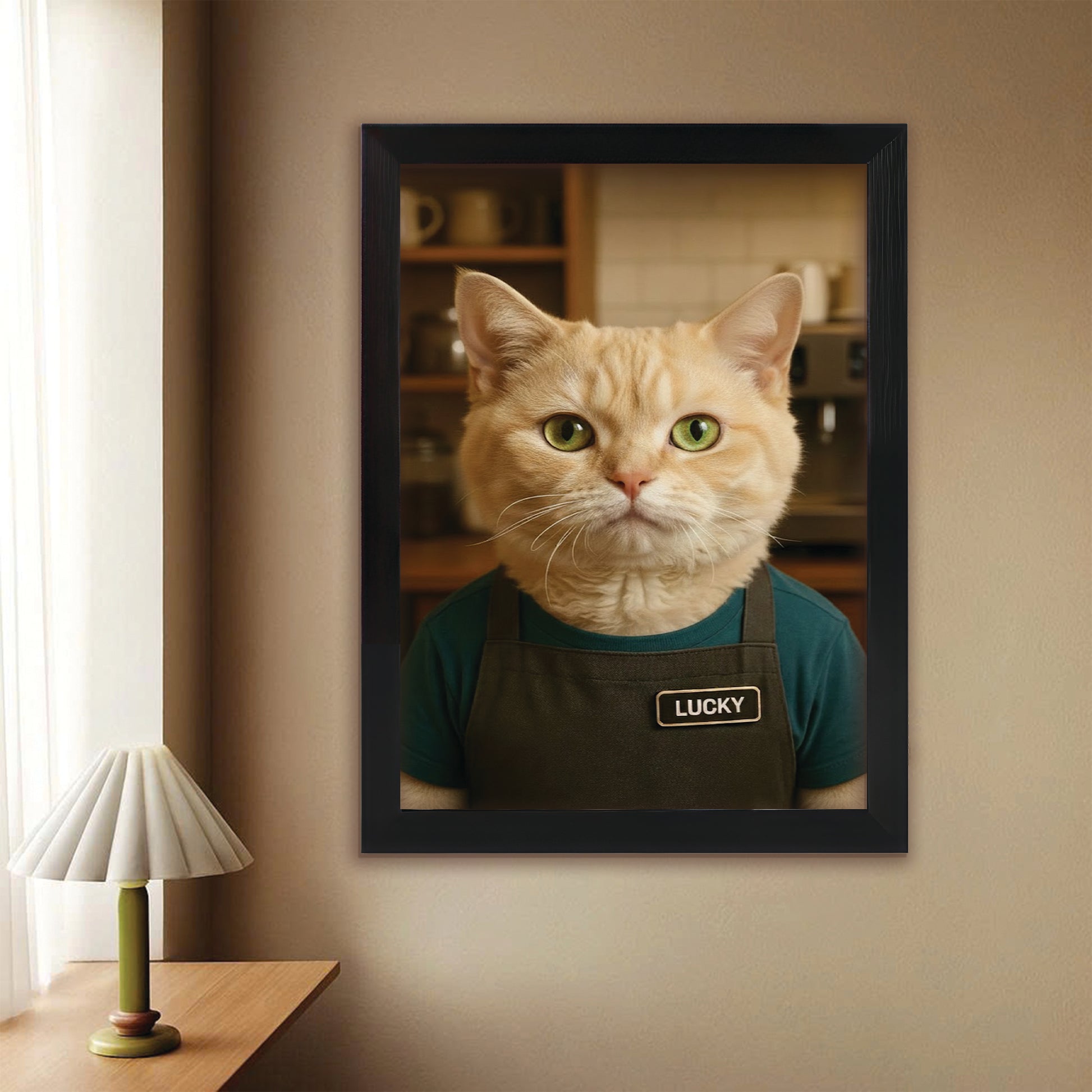 Custom Photo Barista Cat Canvas Framed Wall Art Gift For Cat Lovers
