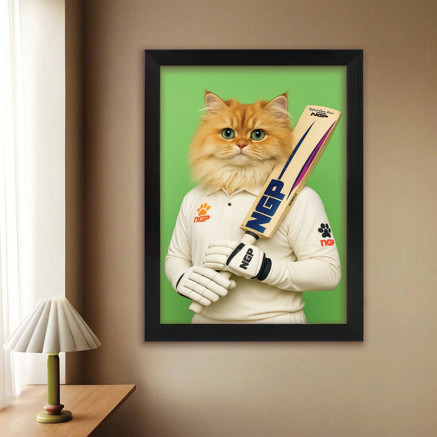 Custom Photo Cricketer Cat Canvas Framed Wall Art Gift For Cat Lovers
