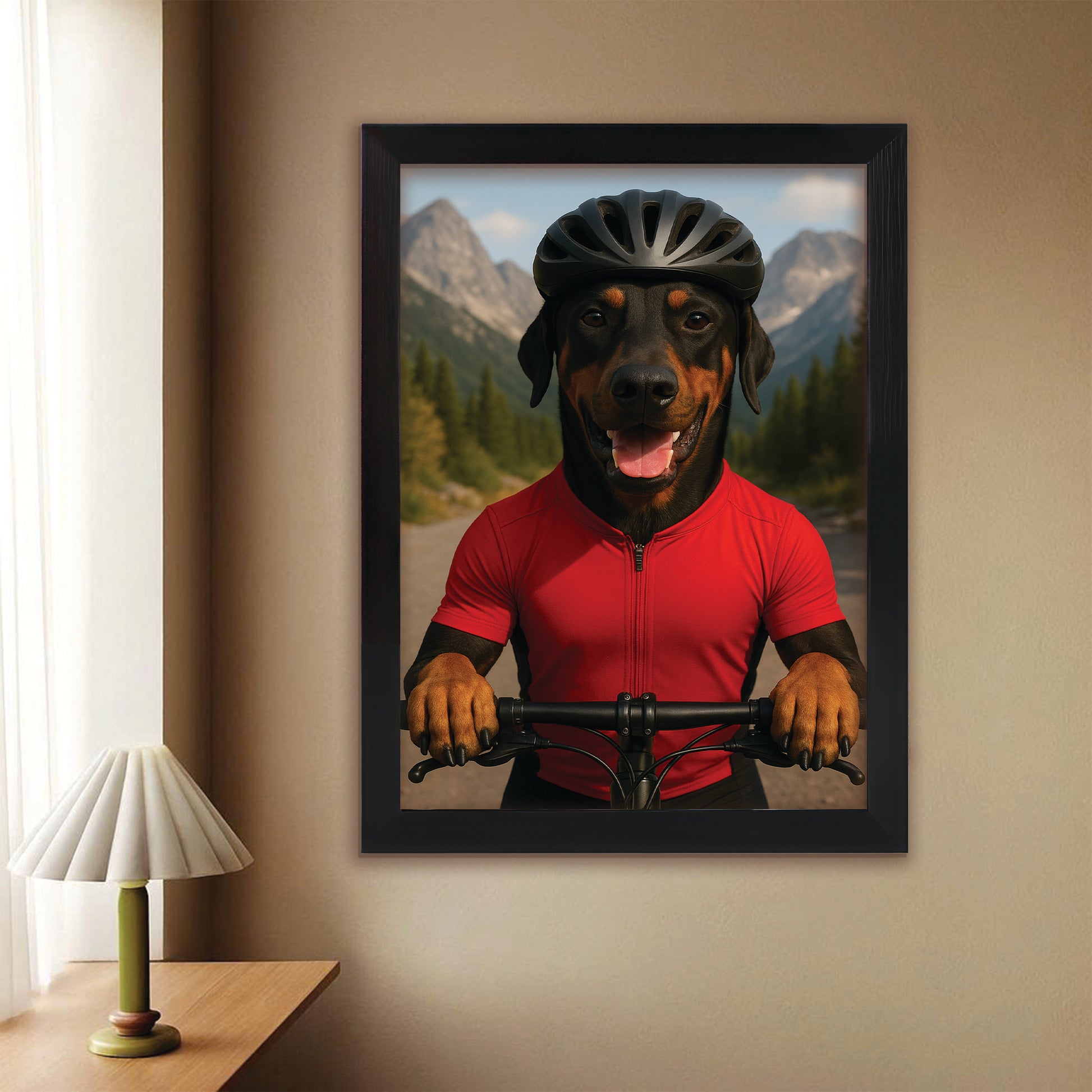 Custom Photo Cyclist Dart Bike Dog Canvas Framed Wall Art Gift For Dog Lovers