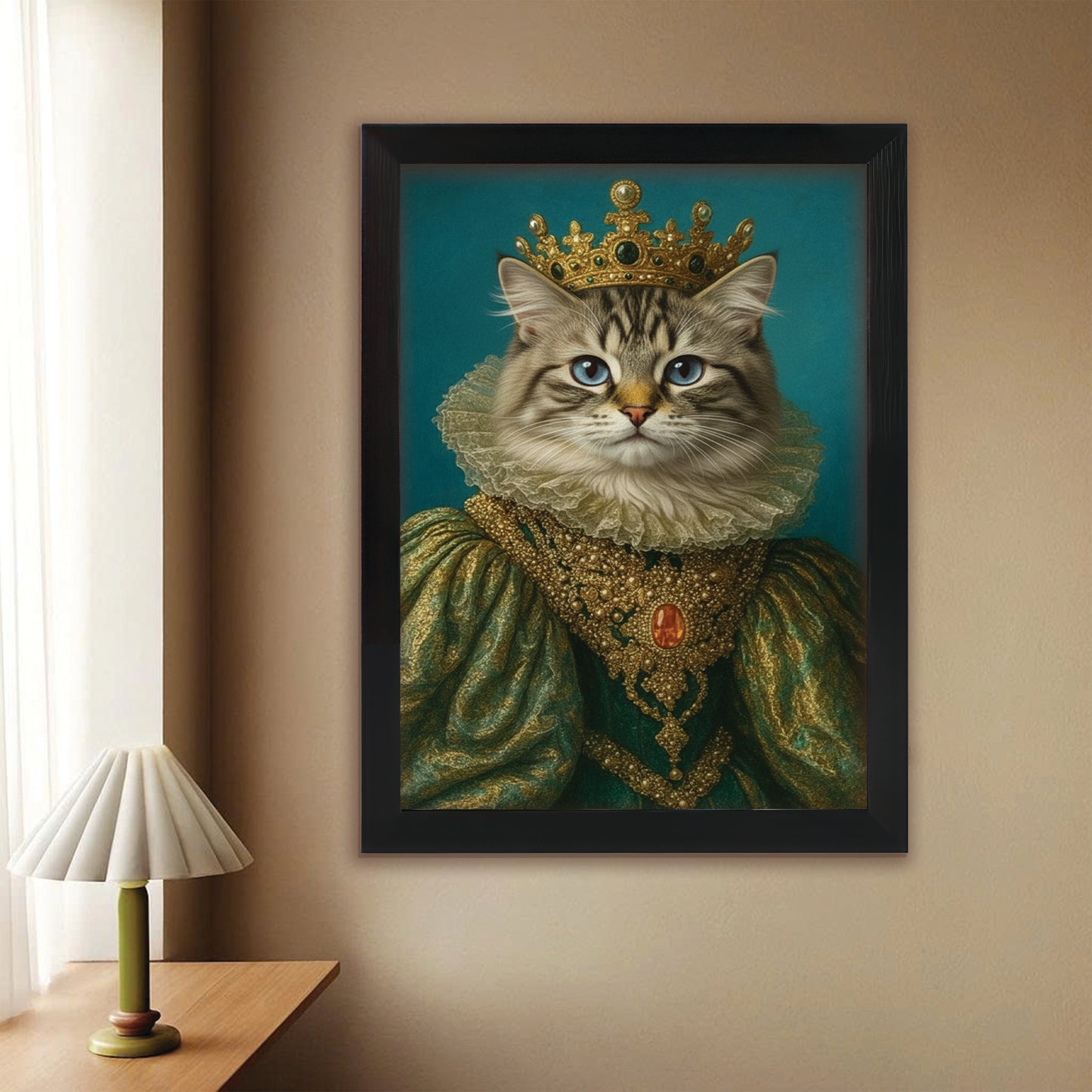 Custom Photo Potrait Royal Cat With Crown Canvas Framed Wall Art Gift For Cat Lovers