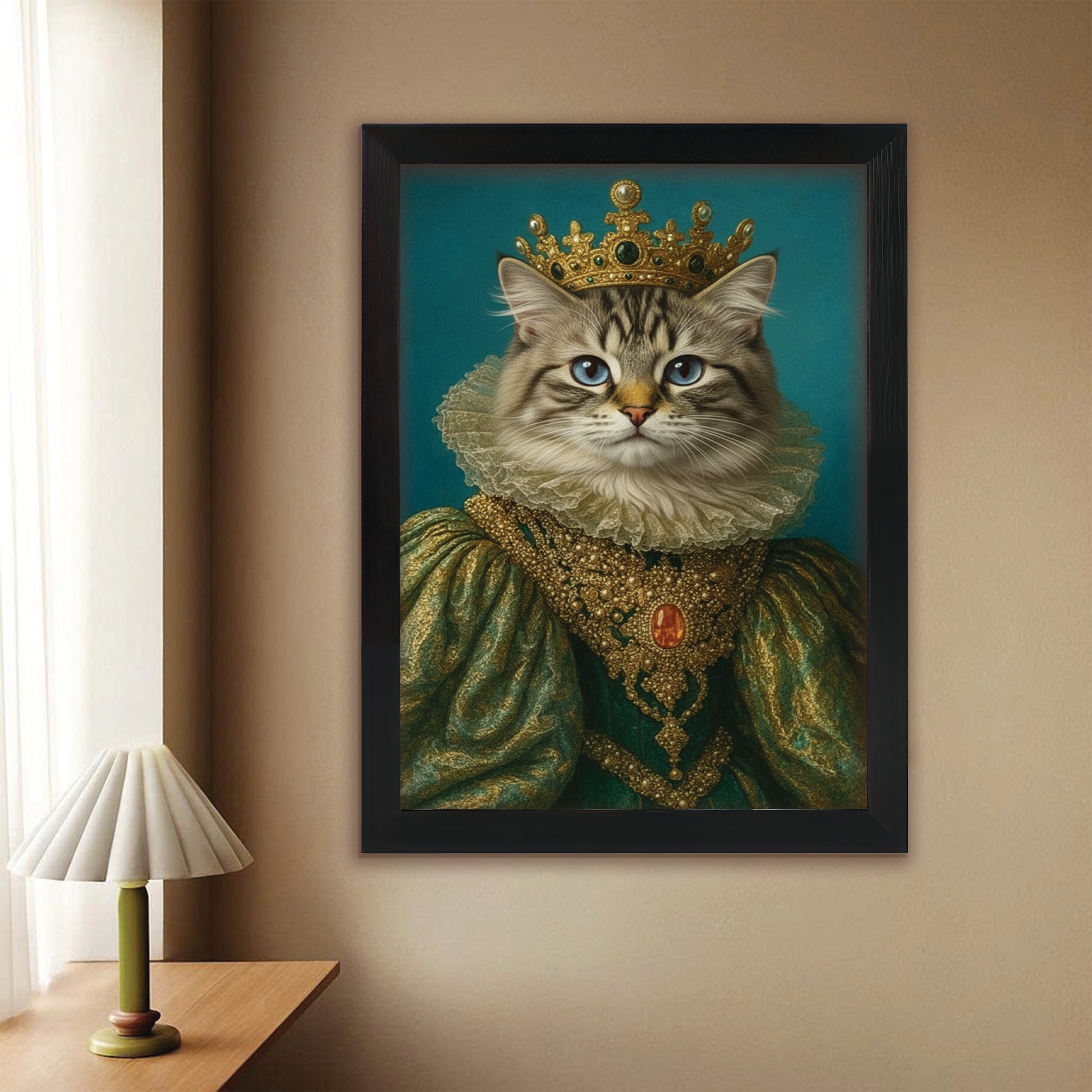 Custom Photo Potrait Royal Cat With Crown Canvas Framed Wall Art Gift For Cat Lovers