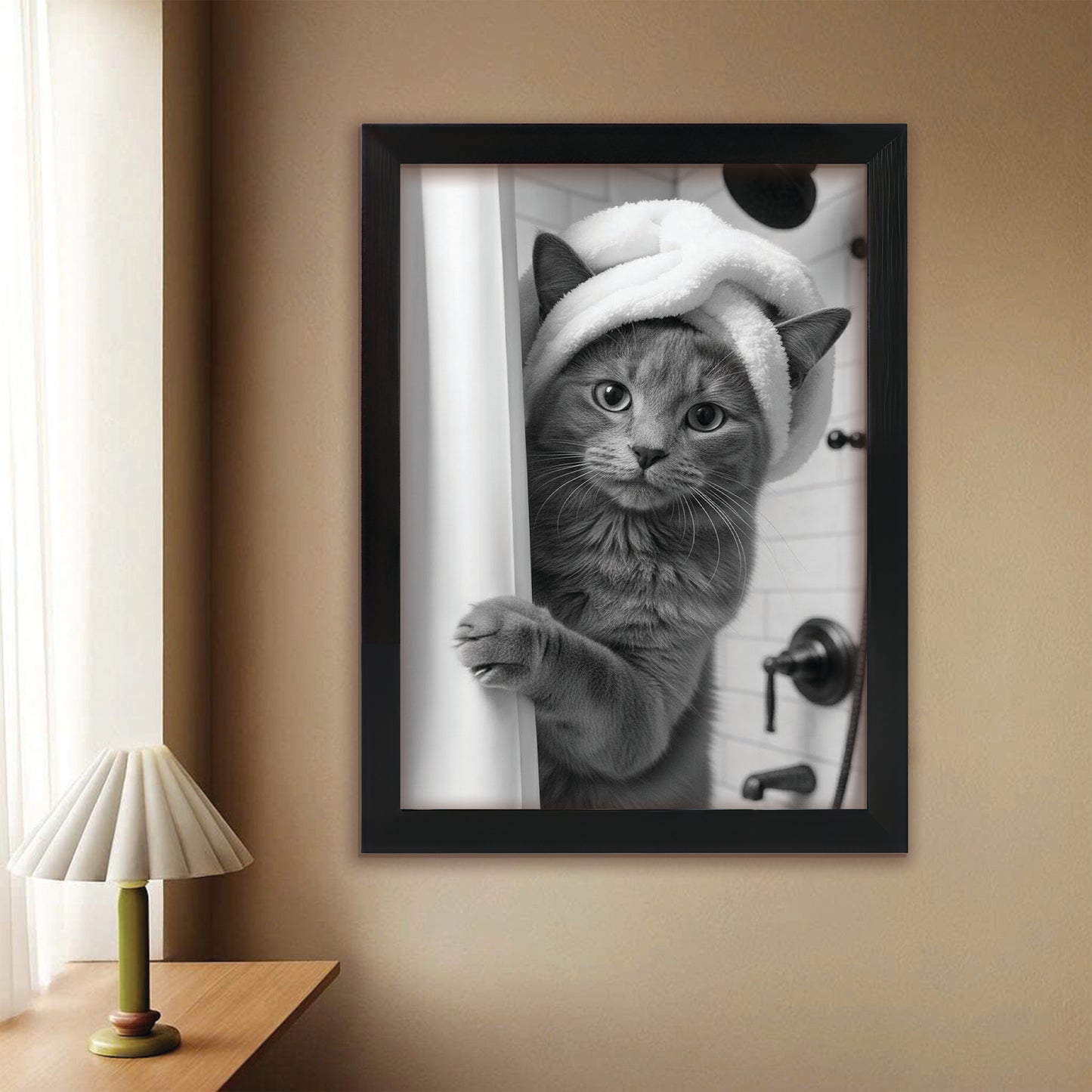 Custom Photo Cat Bathroom Canvas Framed Wall Art Gift For Cat Lovers