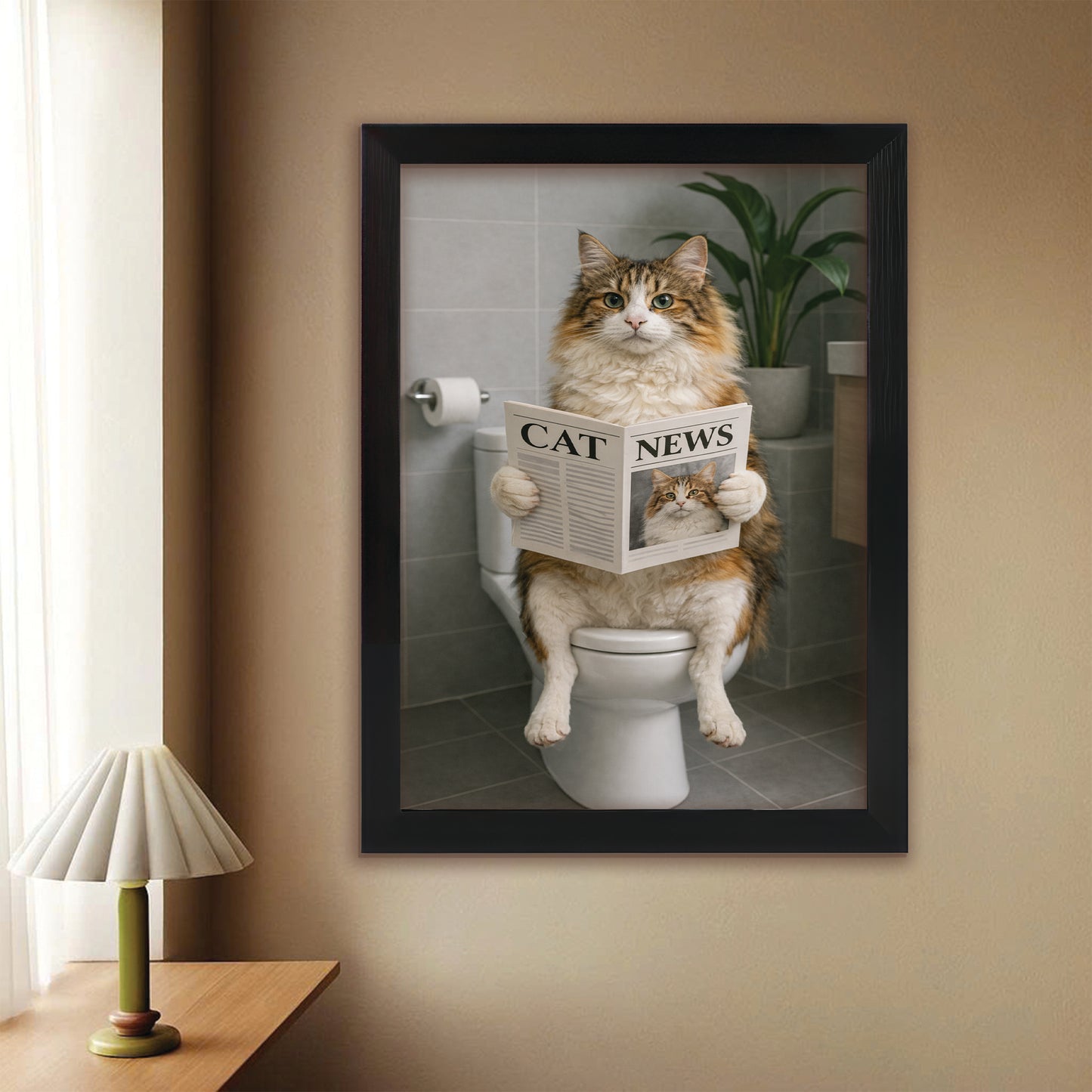 Custom Photo Cat Bathroom Style 4 Canvas Framed Wall Art Gift For Cat Lovers