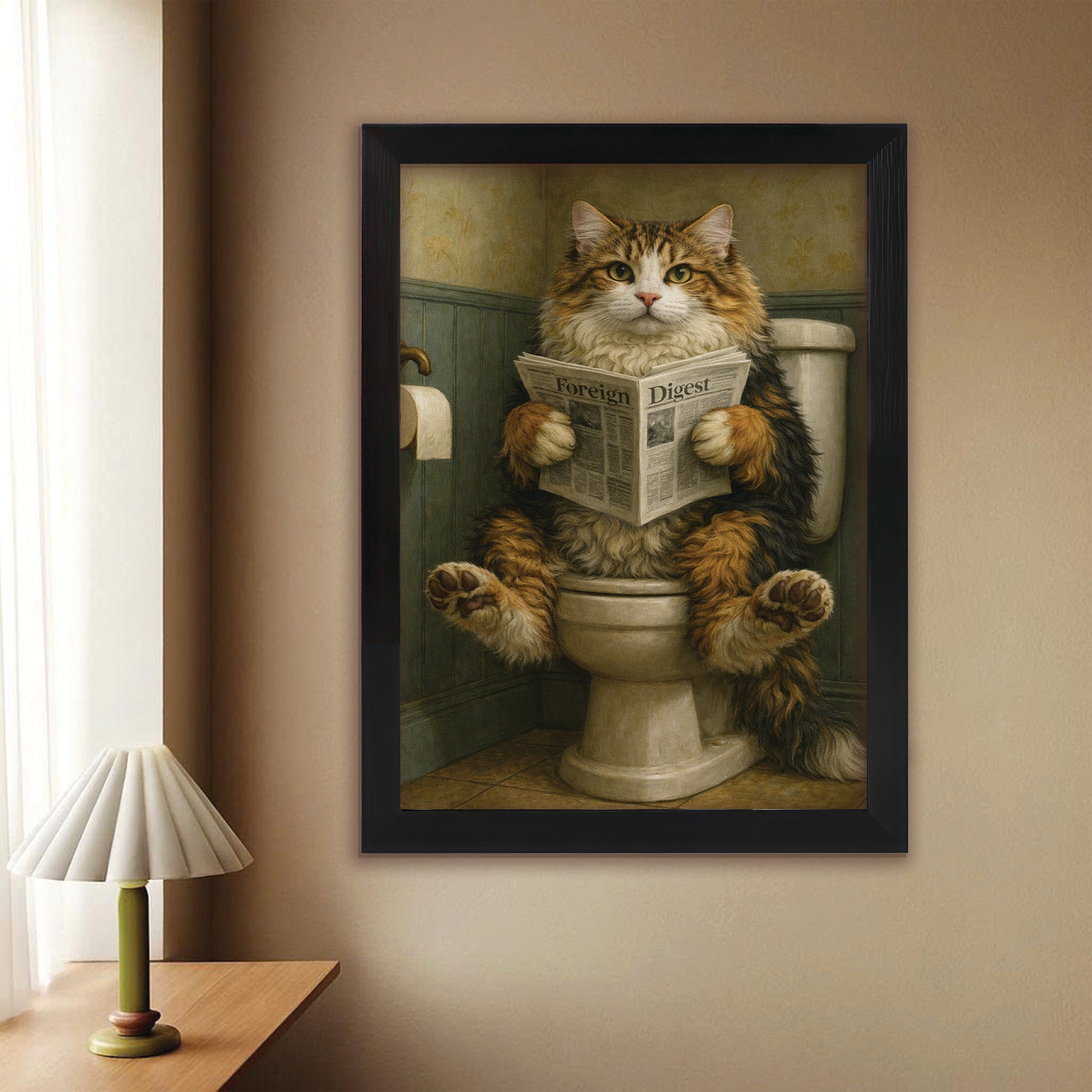 Custom Photo Cat In Bathroom Style 2 Canvas Framed Wall Art Gift For Cat Lovers