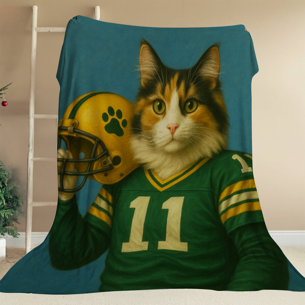 Custom Cat Photo Football Player Blanket