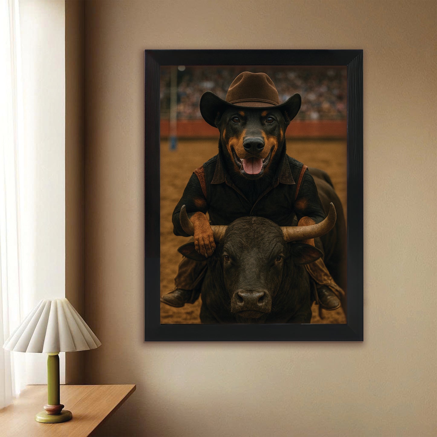 Custom Photo Bull Rider Cowboy Dog Canvas Framed Wall Art Gift For Dog Lovers
