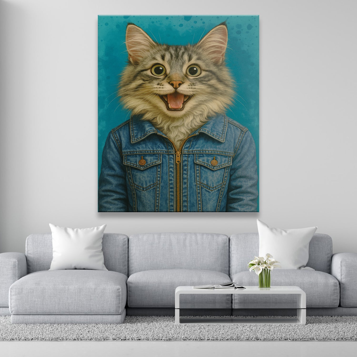 Custom Photo Denim Cat Canvas Gift For Cat Lovers