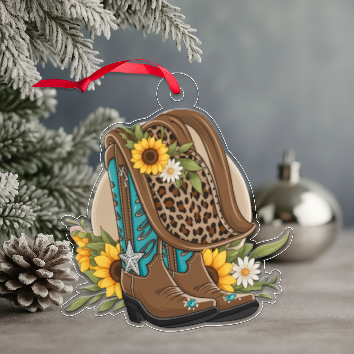 Custom Name Cowboy Boots And Hat Acrylic Ornament Christmas Gift