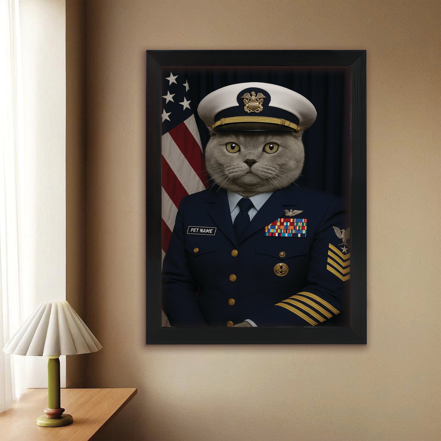 Custom Cat Photo Us Navy Canvas Framed Wall Art _ Gift For Cat Lovers