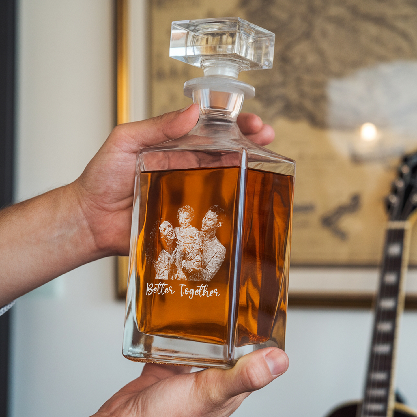 TND071 Personalized Whiskey Decanter with Photo, Engraved Bourbon Bottle, Custom Decanter with Your Photo, Personalized Family Gift
