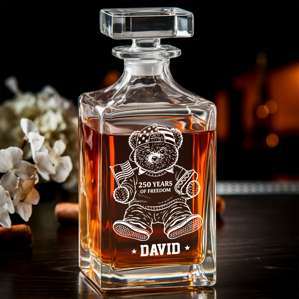 Personalized America 250 Years Engraved Whiskey Decanter Set, Patriotic Teddy Bear Gift 1776–2026 THUC99