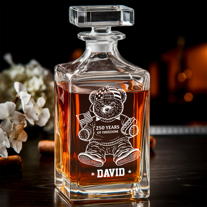 Personalized America 250 Years Engraved Whiskey Decanter Set, Patriotic Teddy Bear Gift 1776–2026 THUC99