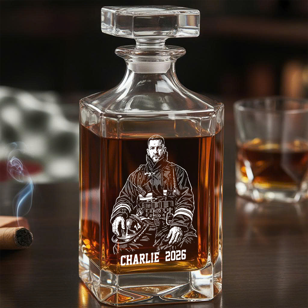 Custom Photo Firefighter Whiskey Decanter Set, Personalized Name For Dad, Retirement Gift THUC99