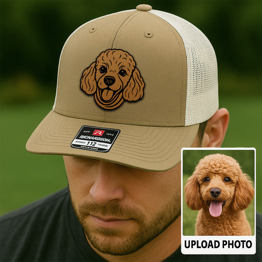 Custom Pet Photo Trucker Hat – Personalized Leather Patch Hat – Dog Portrait Gift – Custom Pet Face Hat P99A11