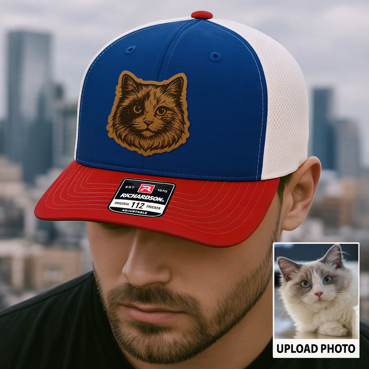 Custom Pet Photo Trucker Hat – Personalized Leather Patch Hat – Cat Portrait Gift – Custom Pet Face Hat P99A13