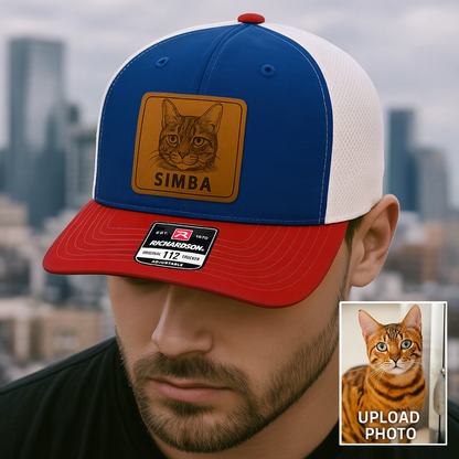 Custom Pet Photo Trucker Hat – Personalized Leather Patch Hat – Pet Gift – Custom Pet Memorial Hat - Cat Lover Gift - Engraved Hat NGOC99A2