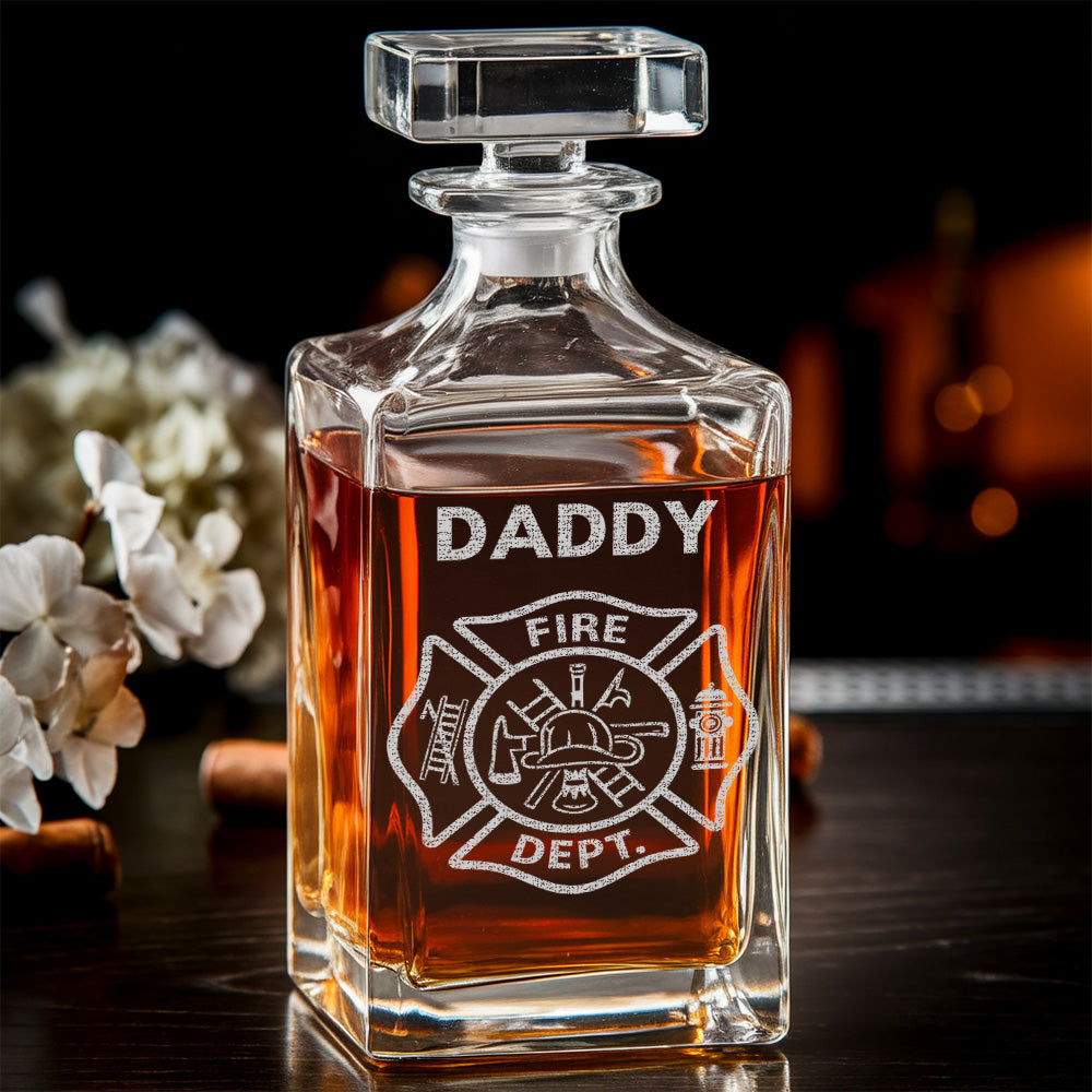 Firefighter Dad Whiskey Decanter Set, Personalized Name Glass Gift for Dad