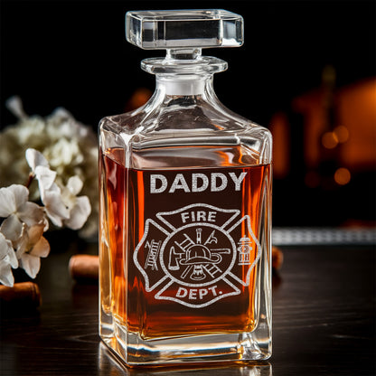 Firefighter Dad Whiskey Decanter Set, Personalized Name Glass Gift for Dad