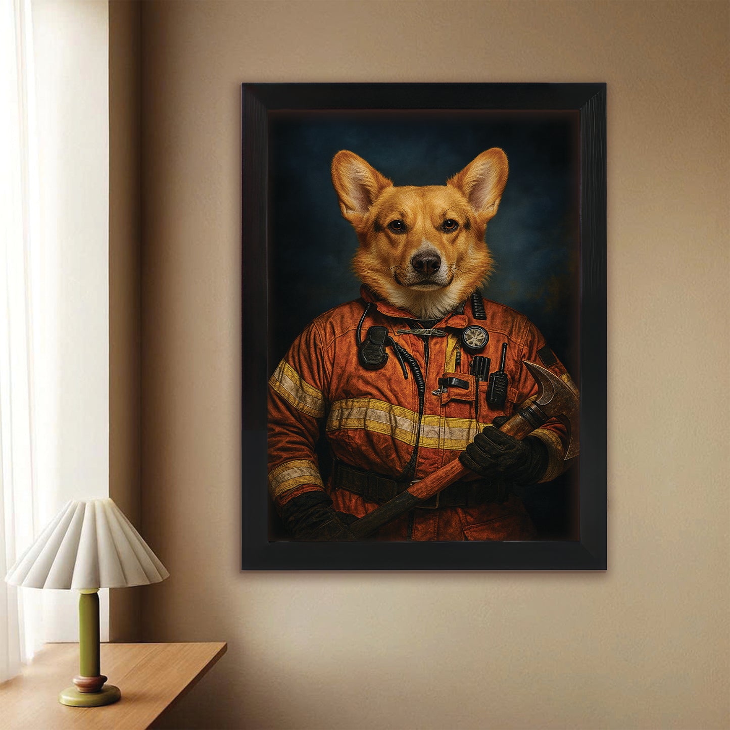 Custom Dog Photo Firefighter Canvas Framed Wall Art _ Gift For Dog Lovers