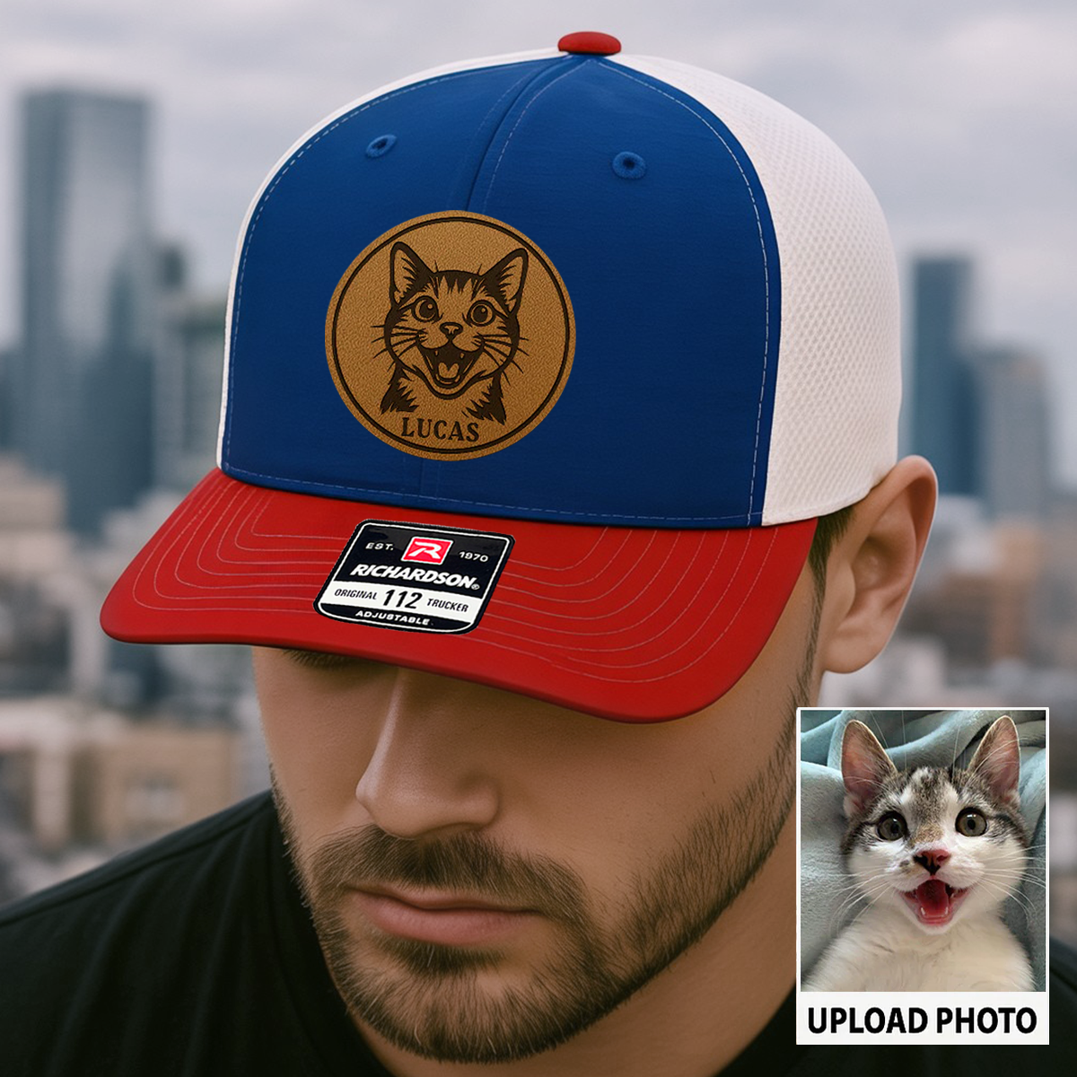 Personalized Cat Photo Leather Patch Hat | Trucker Hat With Cat Photo | Gift For Cat Lover TNGANSP038