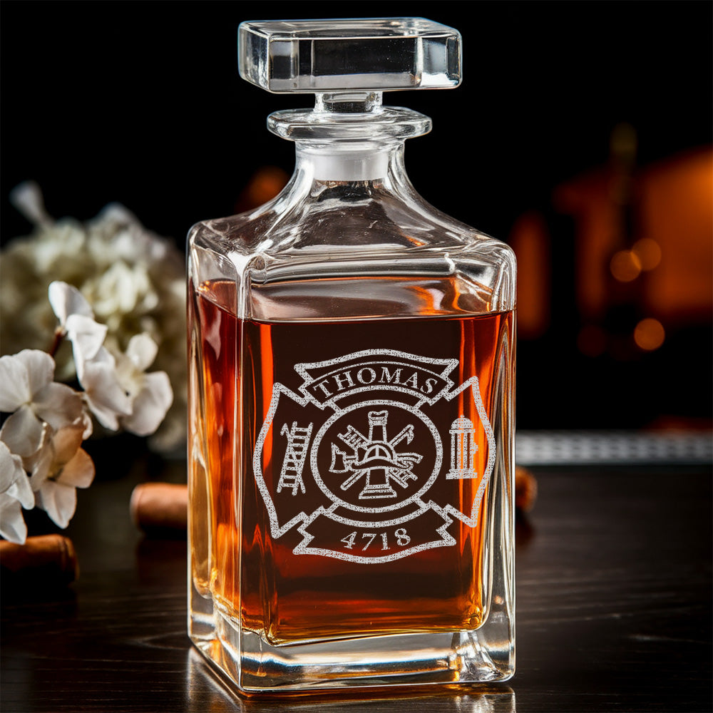 Personalized Firefighter Decanter Set – Custom Fire Dept Name & Number Engraved Whiskey Gift