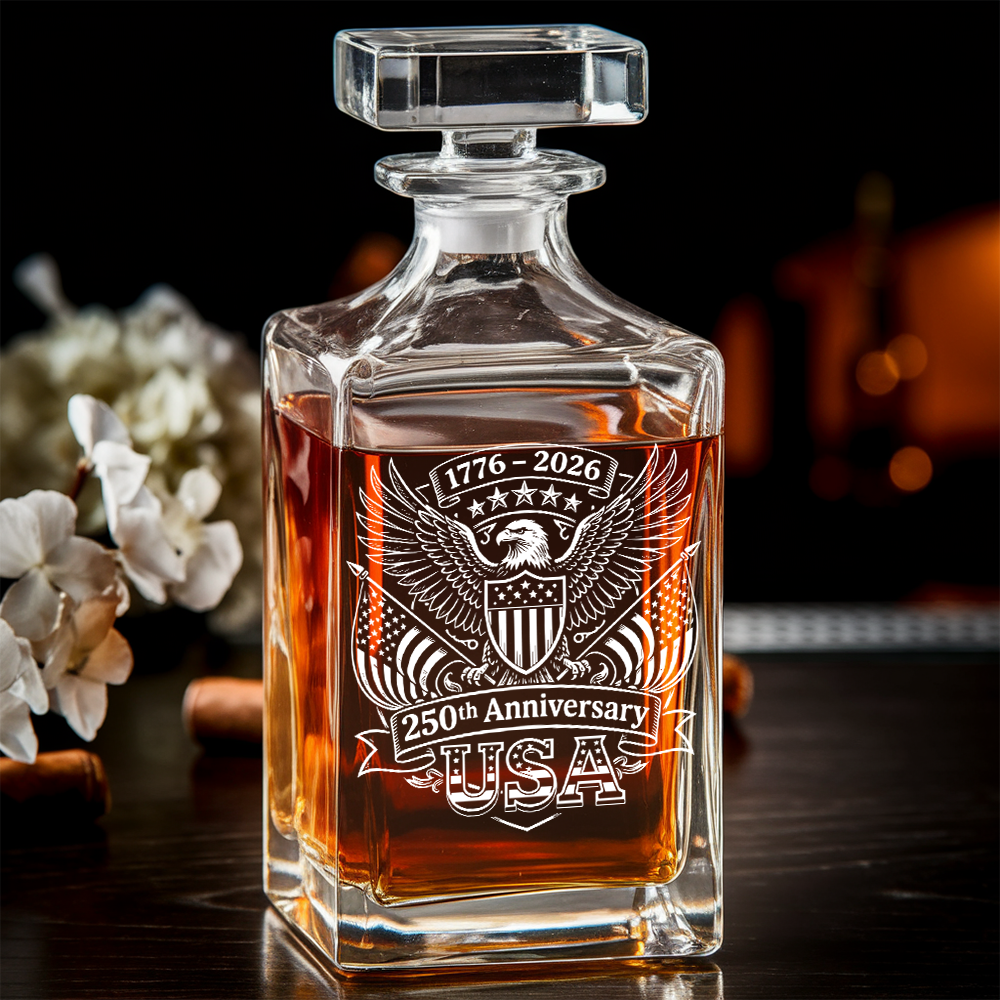 America 1776–2026 250 Years Engraved Whiskey Decanter Set, Patriotic Eagle Bourbon Gift THUC99