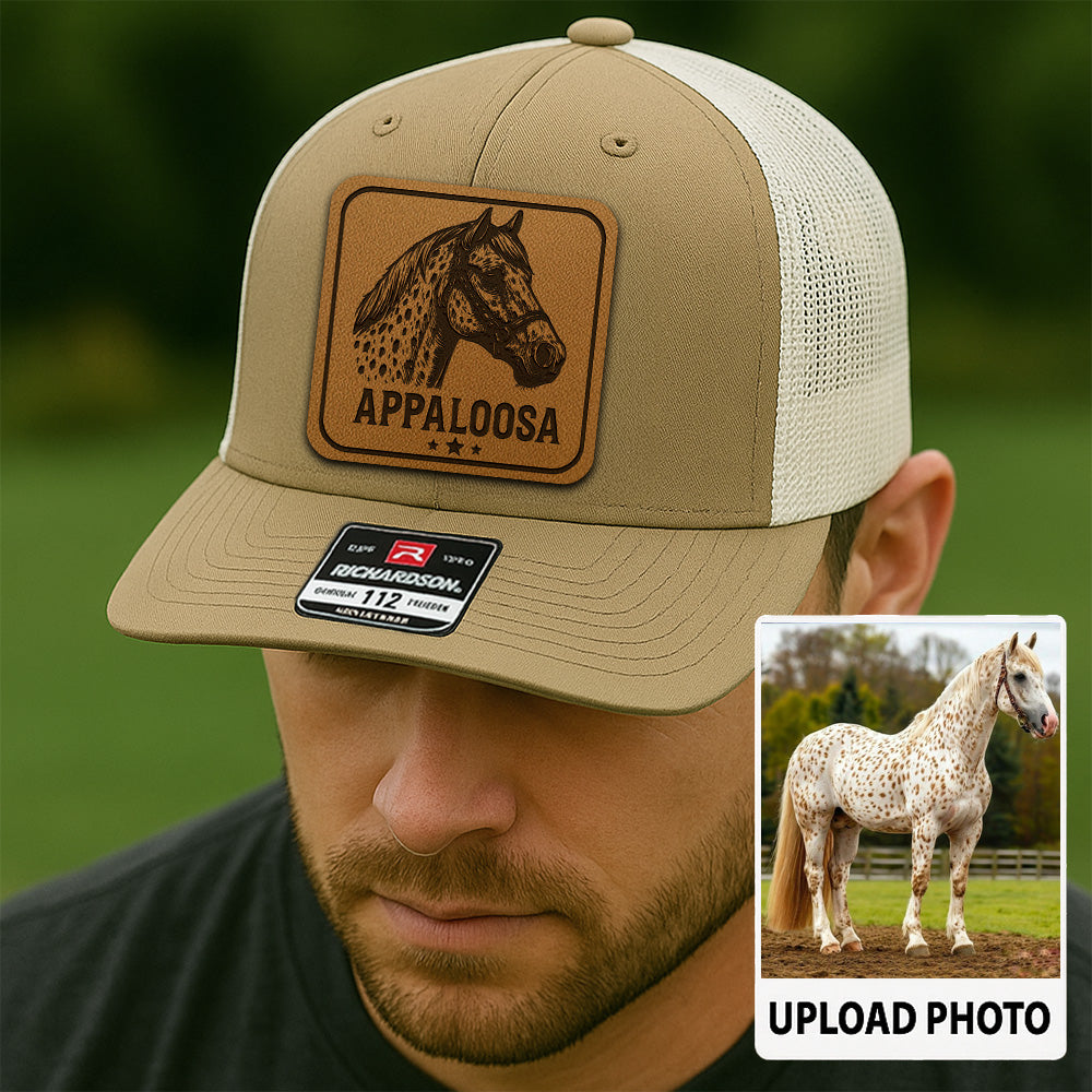 Personalized Horse Photo Leather Patch Hat | Custom Pet Photo Trucker Hat | Horse Farm Lovers Gift THUC99P14