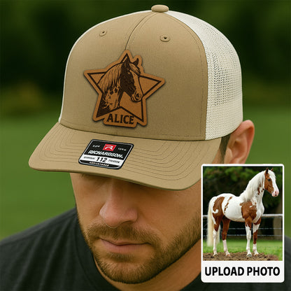 Personalized Horse Photo Leather Patch Hat | Custom Pet Photo Trucker Hat | Unique Gift For Horse Lovers THUC9909