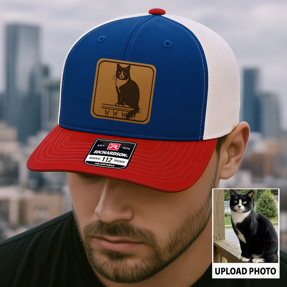 Personalized Cat Photo Leather Patch Hat | Trucker Hat With Cat Photo | Gift For Cat Lover TNGANSP040