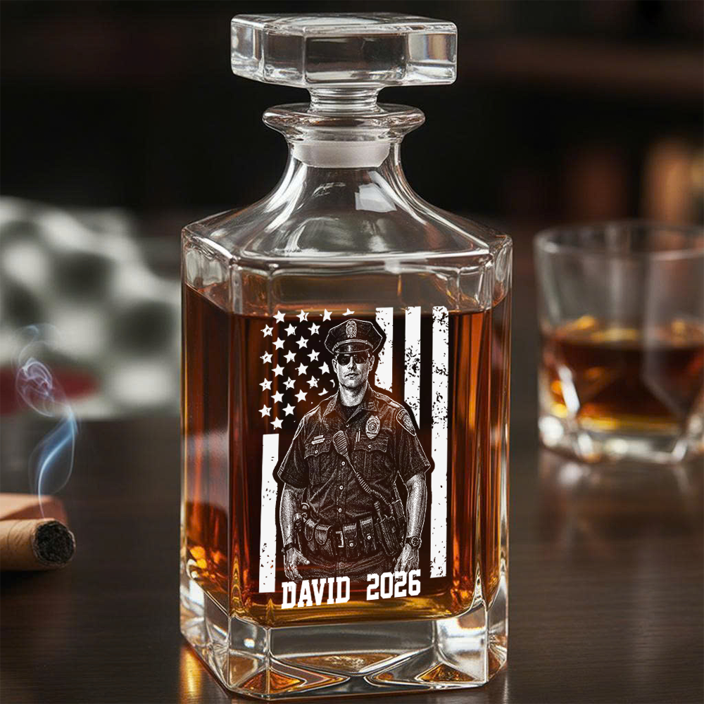 Custom Photo Police Whiskey Decanter Set, Personalized Police Officer America Flag Decanter THUC99