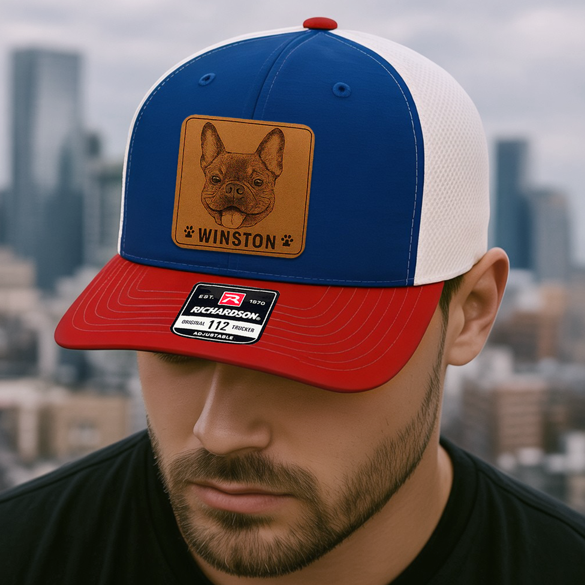 Custom Pet Photo Trucker Hat – Personalized Leather Patch Hat – Dog Portrait Gift – Custom Pet Face Hat P99A8