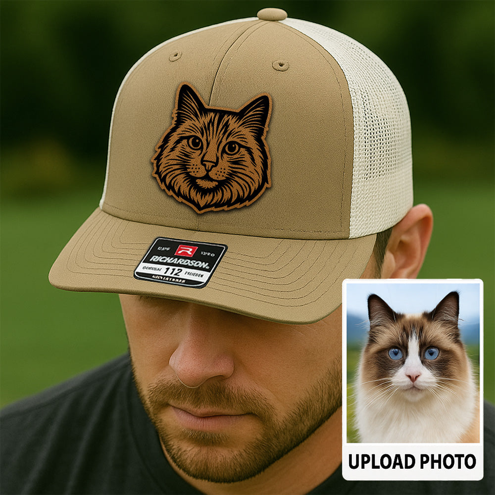 Custom Pet Photo Trucker Hat – Personalized Leather Patch Hat – Cat Portrait Gift – Custom Pet Face Hat P99A13