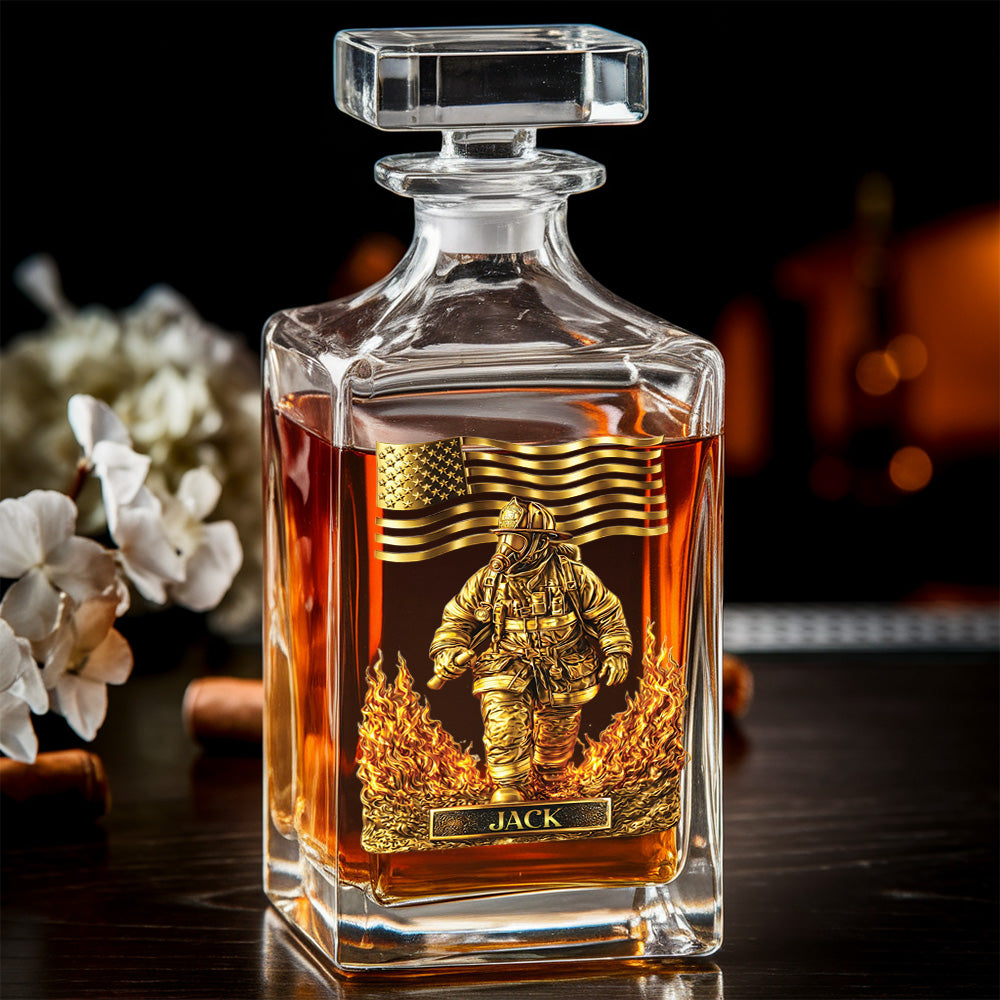 Personalized Firefighter Decanter Set – Gold Fireman & American Flag Custom Whiskey Gift