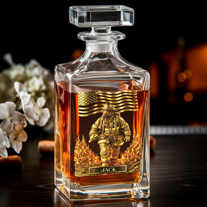 Personalized Firefighter Decanter Set – Gold Fireman & American Flag Custom Whiskey Gift